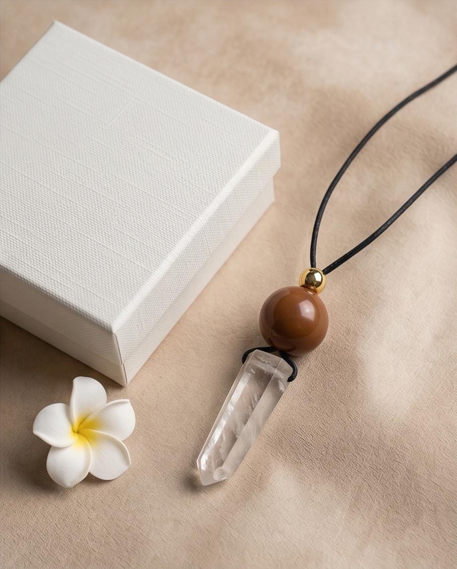 Chunky Clear Quartz Wand Necklace, Geometric Red Jasper Pendant on 30" Adjustable Real Leather Cord, Large Natural Crystal Healing #2539