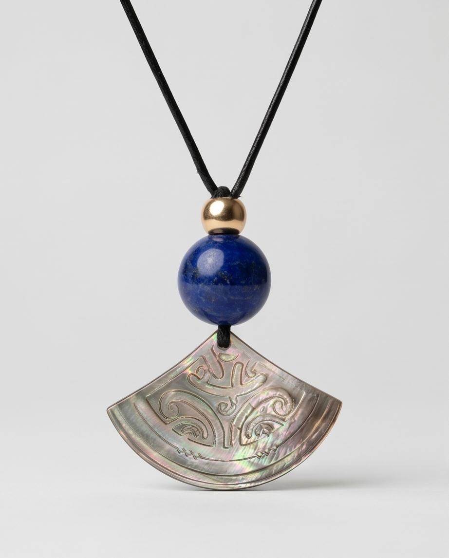 Boho Chic Shell and Lapis Lazuli Necklace, Tribal Inspired Paua Shell Fan Pendant, Personalized Meaningful Jewelry Leather Cord