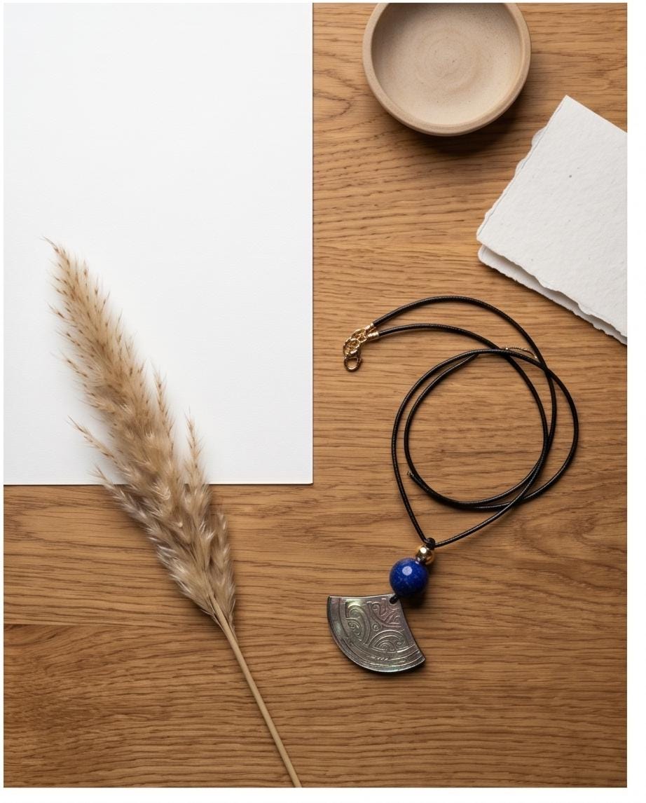 Boho Chic Shell and Lapis Lazuli Necklace, Tribal Inspired Paua Shell Fan Pendant, Personalized Meaningful Chunky Stone Jewelry Leather