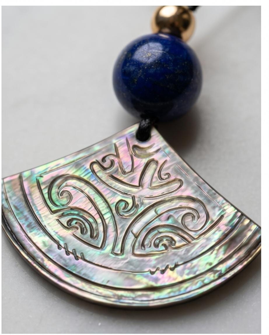 Boho Chic Shell and Lapis Lazuli Necklace, Tribal Inspired Paua Shell Fan Pendant, Personalized Meaningful Chunky Stone Jewelry Leather