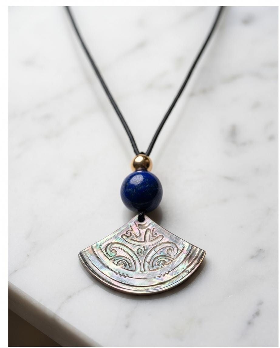 Boho Chic Shell and Lapis Lazuli Necklace, Tribal Inspired Paua Shell Fan Pendant, Personalized Meaningful Chunky Stone Jewelry Leather