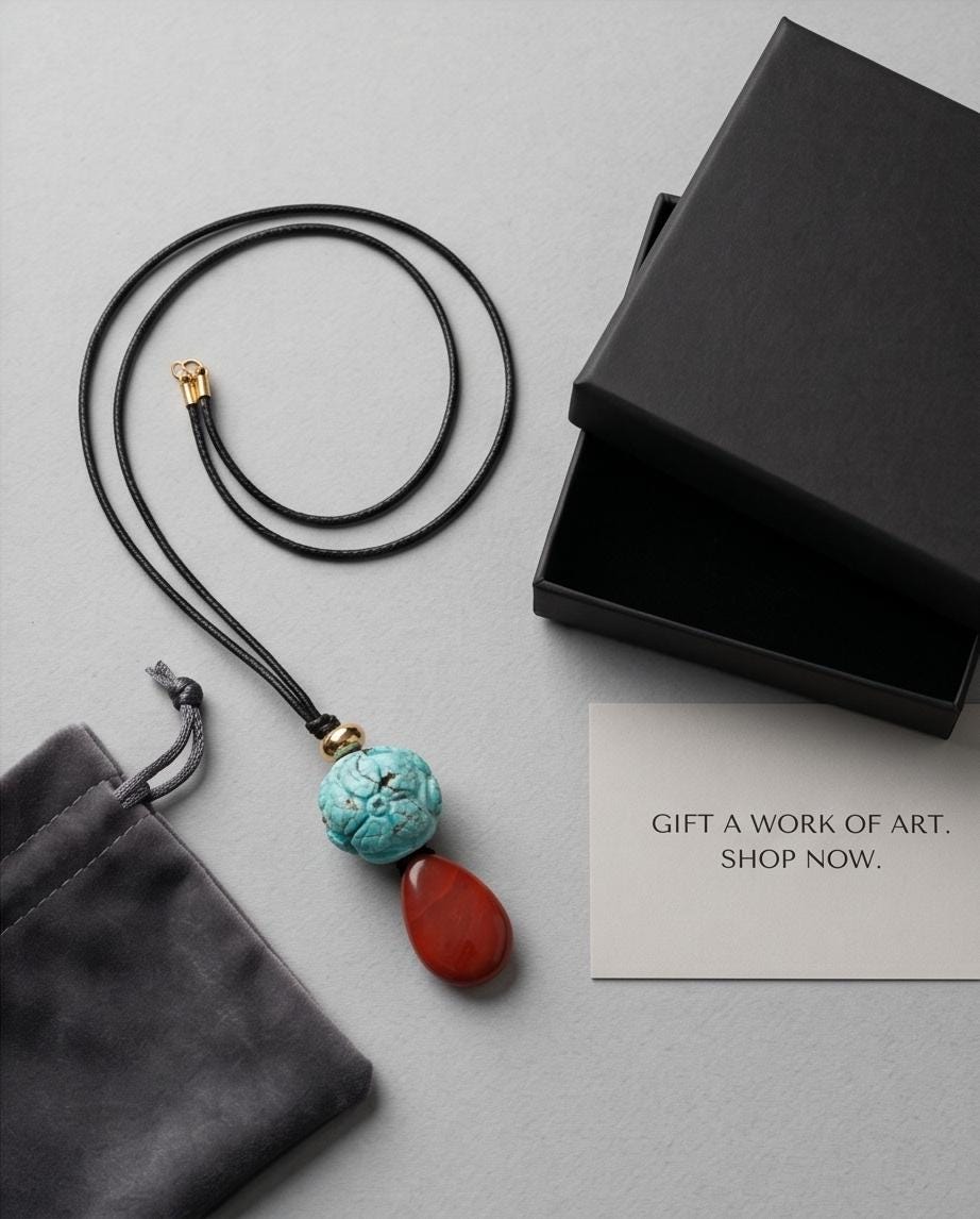 Carved Turquoise Flower & Red Jasper Totem Necklace - 20mm Carved Stone - 30" Adjustable Cord - Earthy Boho Chunky #2075