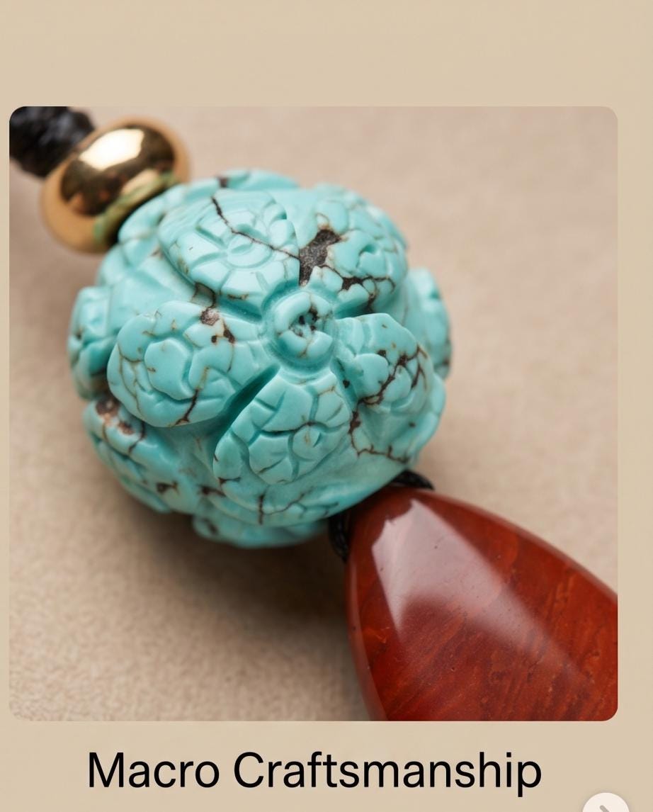 Carved Turquoise Flower & Red Jasper Totem Necklace - 20mm Carved Stone - 30" Adjustable Cord - Earthy Boho Chunky #2075