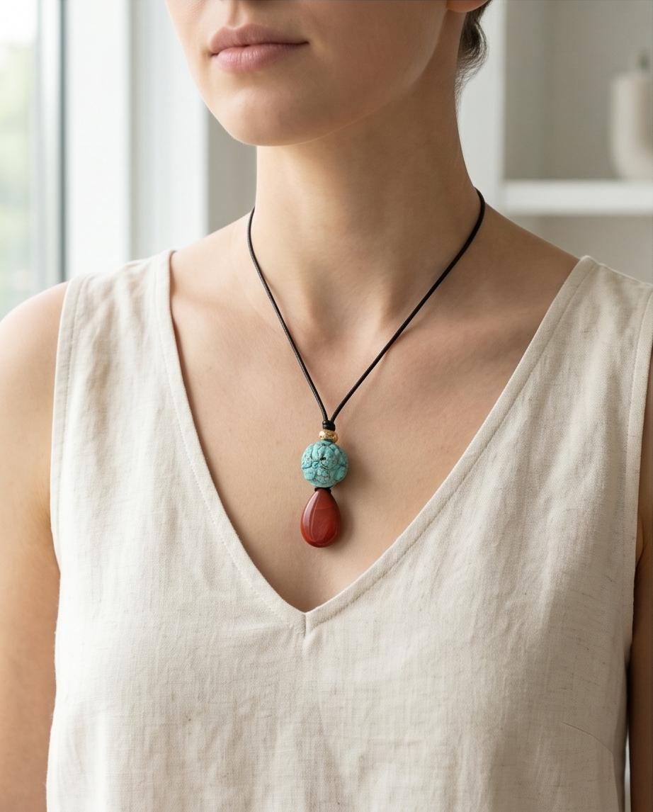 Carved Turquoise Flower & Red Jasper Totem Necklace - 20mm Carved Stone - 30" Adjustable Cord - Earthy Boho Chunky #2075