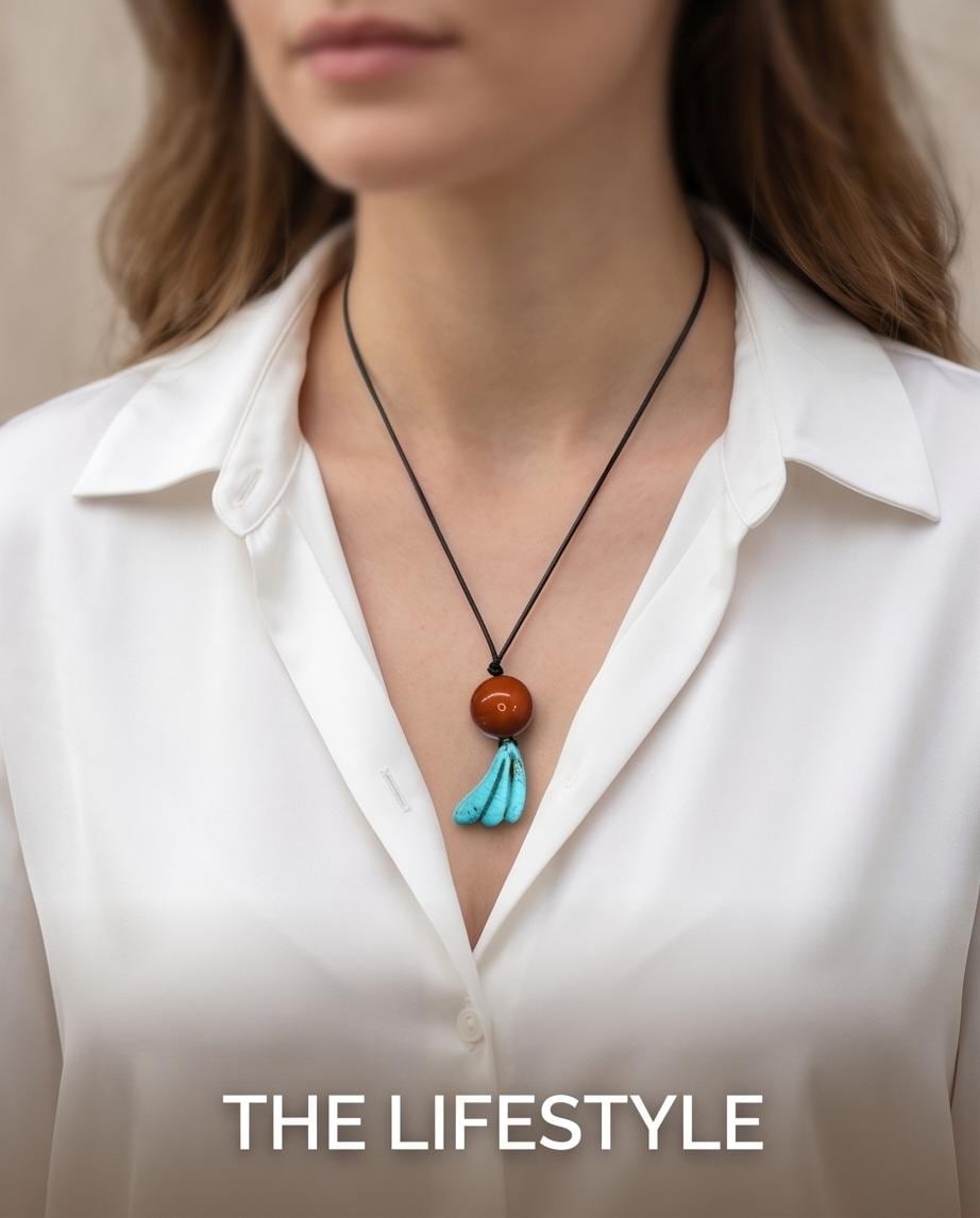 Red Jasper & Turquoise Totem Necklace, 20mm Large Bead Jewelry, Carved Chunky turquoise Pendant, 30" Adjustable Leather #2077