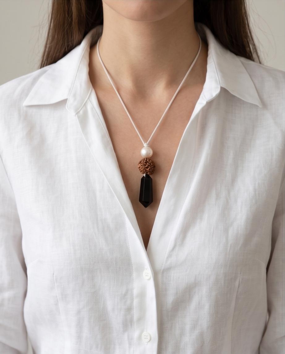 Black Obsidian Rudraksha Seed Necklace, Natural Pearl Chunky Pendant, Adjustable Leather Cord, Spiritual Prayer & Energy Jewelry #2070