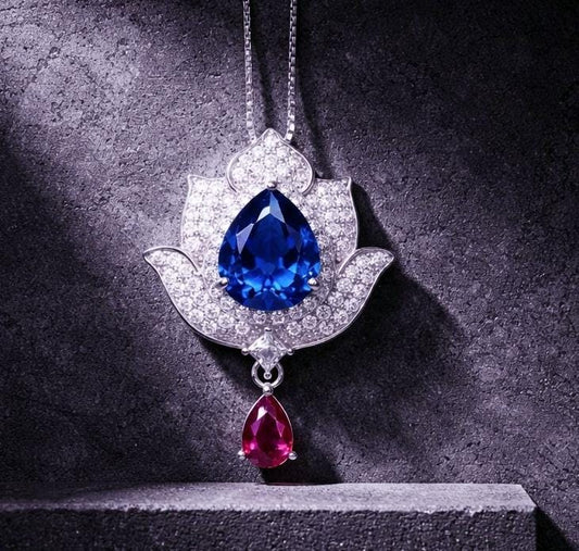 Tanzanite Necklace - Gemstone Lotus Flower Pendant - Sterling Silver - Teardrop Halo Large Deep Blue Tanzanite 2.75 CT #921
