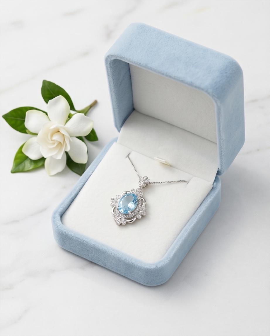 Blue Aquamarine Necklace - Royal Flower Style - 18KGP @ Sterling Silver - Gemstone Flower - Blue Aquamarine Pendant - March Birthstone #664