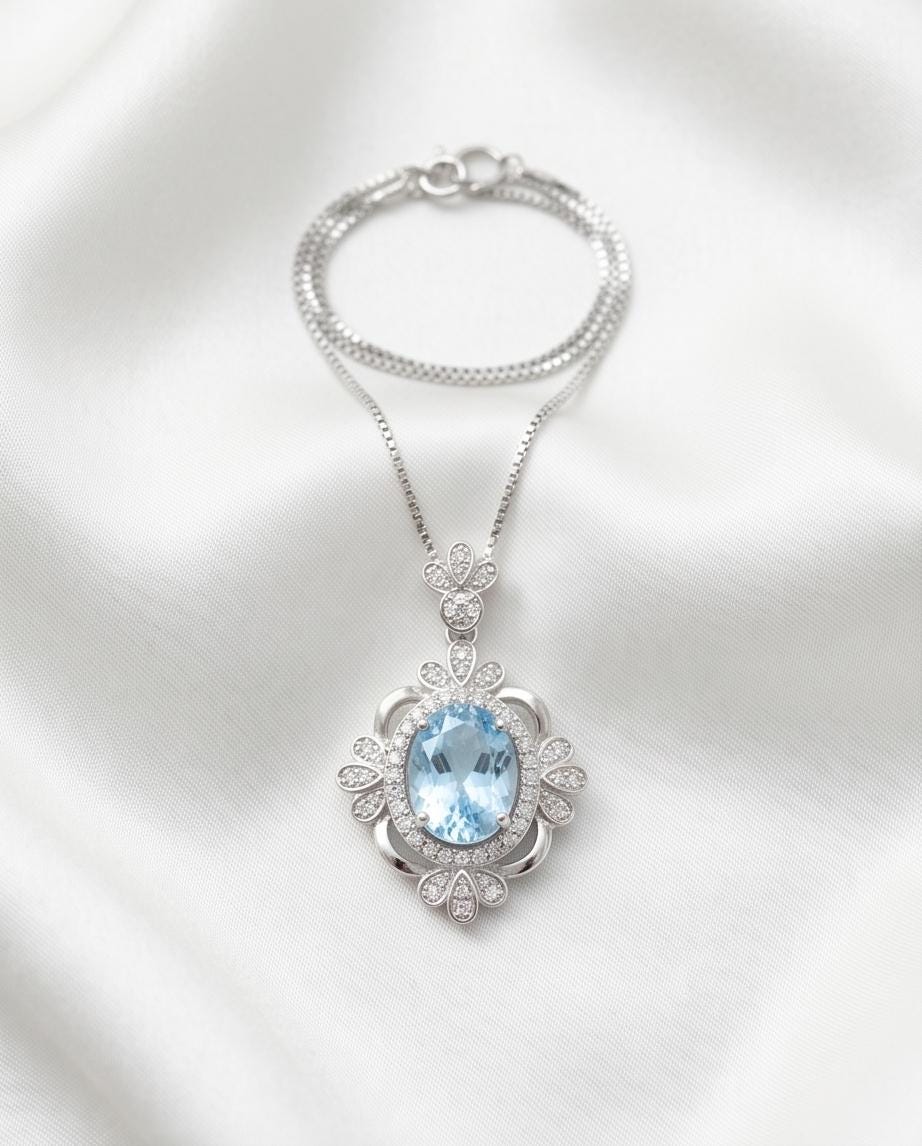 Blue Aquamarine Necklace - Royal Flower Style - 18KGP @ Sterling Silver - Gemstone Flower - Blue Aquamarine Pendant - March Birthstone #664