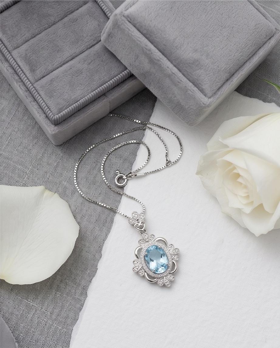 Blue Aquamarine Necklace - Royal Flower Style - 18KGP @ Sterling Silver - Gemstone Flower - Blue Aquamarine Pendant - March Birthstone #664