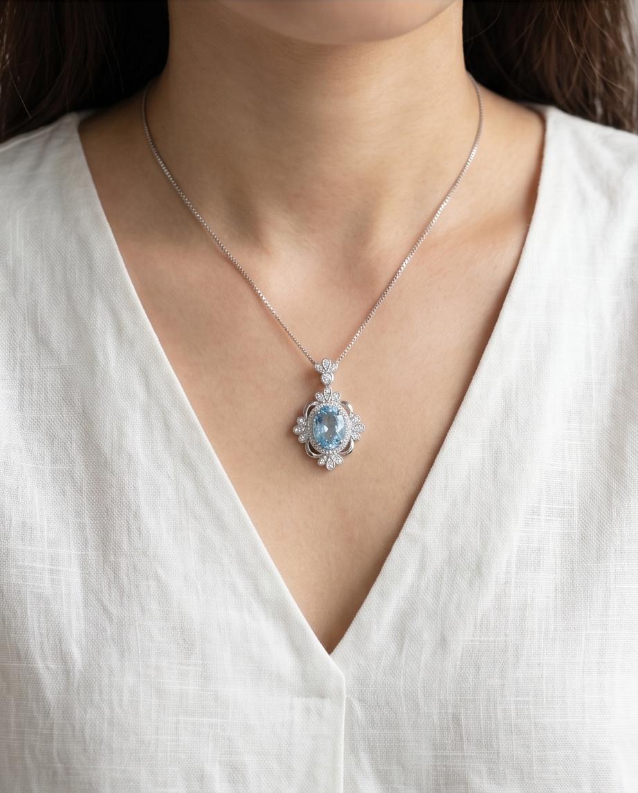 Blue Aquamarine Necklace - Royal Flower Style - 18KGP @ Sterling Silver - Gemstone Flower - Blue Aquamarine Pendant - March Birthstone #664
