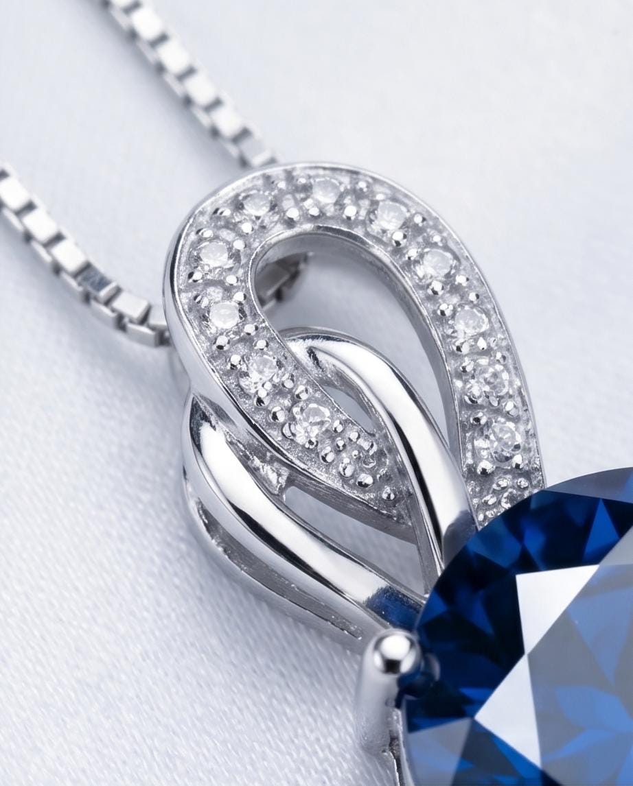 1.8 Ct Blue Sapphire Necklace, White Gold plated Sterling Silver Sim Gemstone September Birthstone Dainty Round ,Blue Sapphire Pendant #158