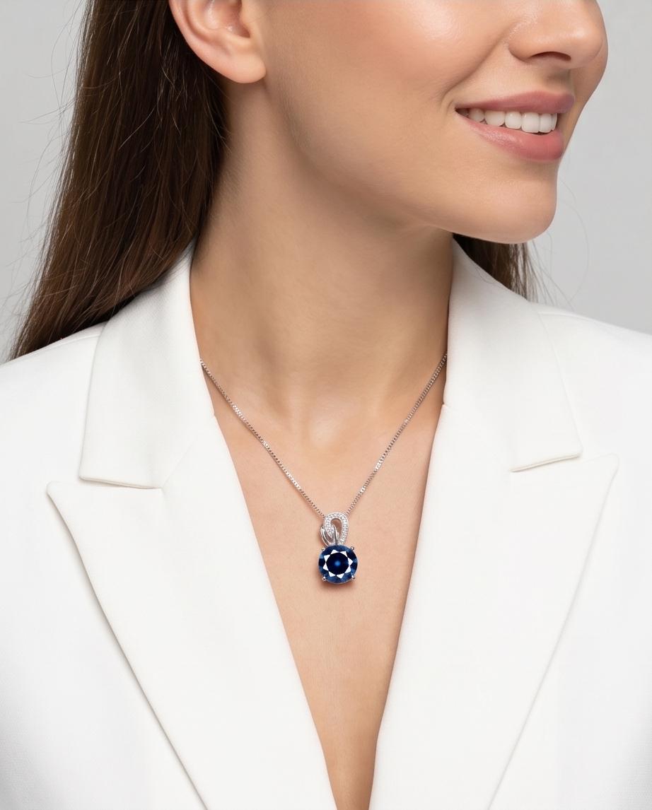 1.8 Ct Blue Sapphire Necklace, White Gold plated Sterling Silver Sim Gemstone September Birthstone Dainty Round ,Blue Sapphire Pendant #158