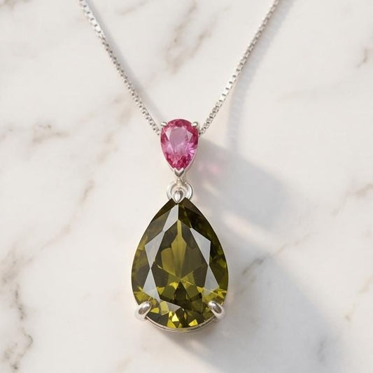 Teardrop Peridot Necklace - Tiny Ruby Teardrop Cut August Birthstone Jewelry - Large 5 Ct Lab Created Green Peridot Pendant #718