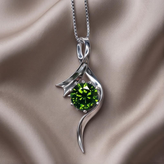 Sterling Silver Bow Peridot Necklace - White Gold coated Swirl Infinity Dynamic 2 CT Green Peridot Pendant - August Birthstone #510