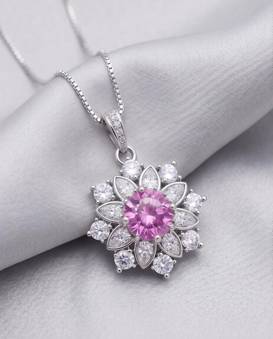 Pink Tourmaline Necklace - Diamond Flower Pendant - Dainty Pink Tourmaline Jewelry -18kgp @ Sterling Silver chain #1015