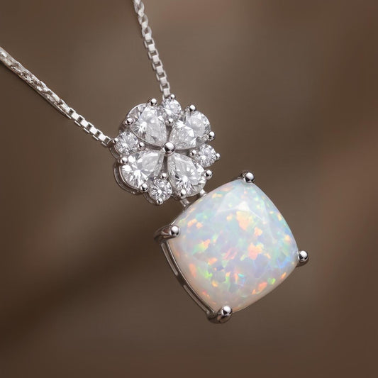 Four leaf clover Opal Necklace - Cushion Cut - White Fire Opal Pendant - Gemstone Flower Bail - White Gold coated Sterling Silver #448