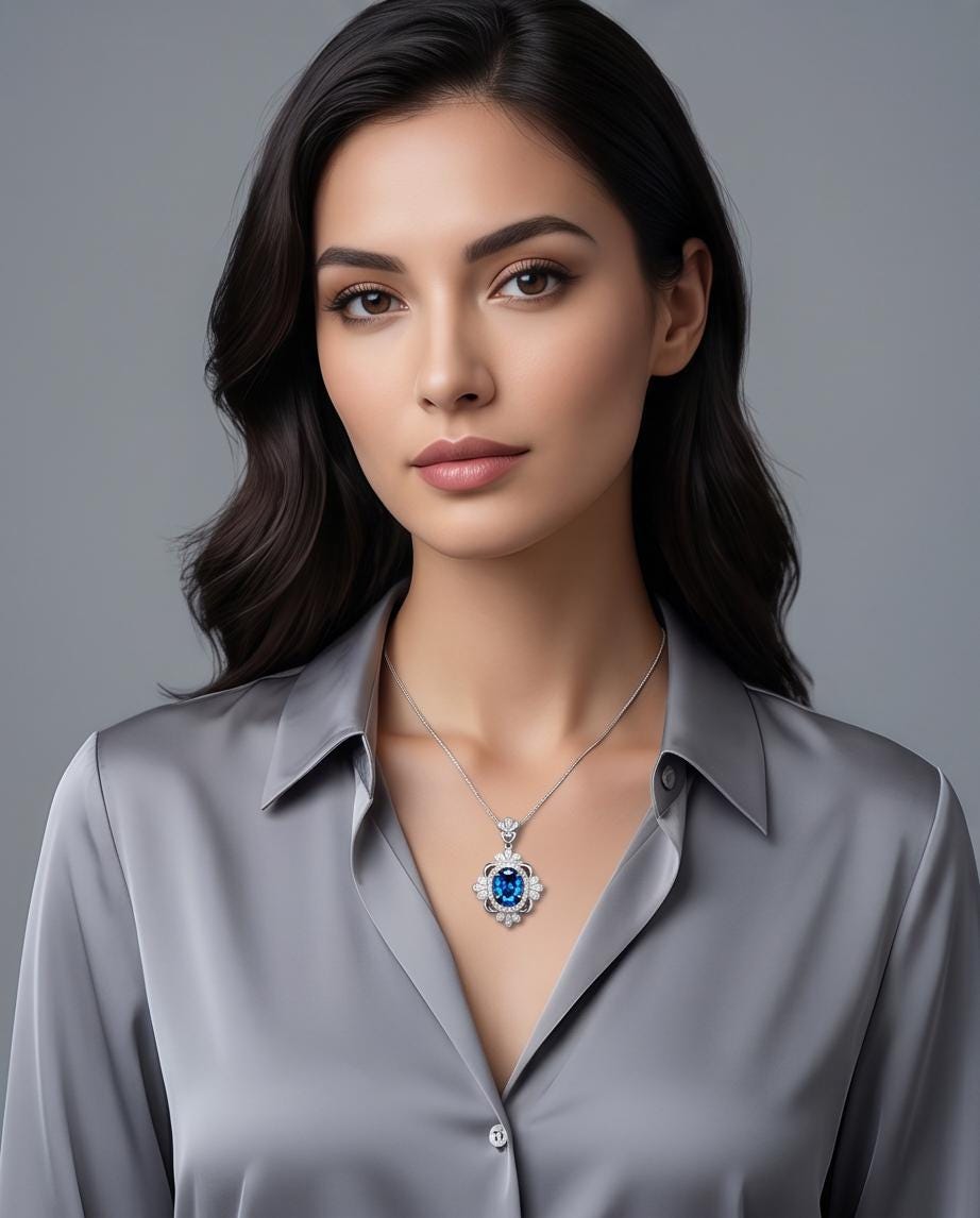 Blue Sapphire Necklace - Gemstone Flower White Gold Coated Sterling Silver 2.5 Ct September Birthstone Royal Solitaire Artist Design #648