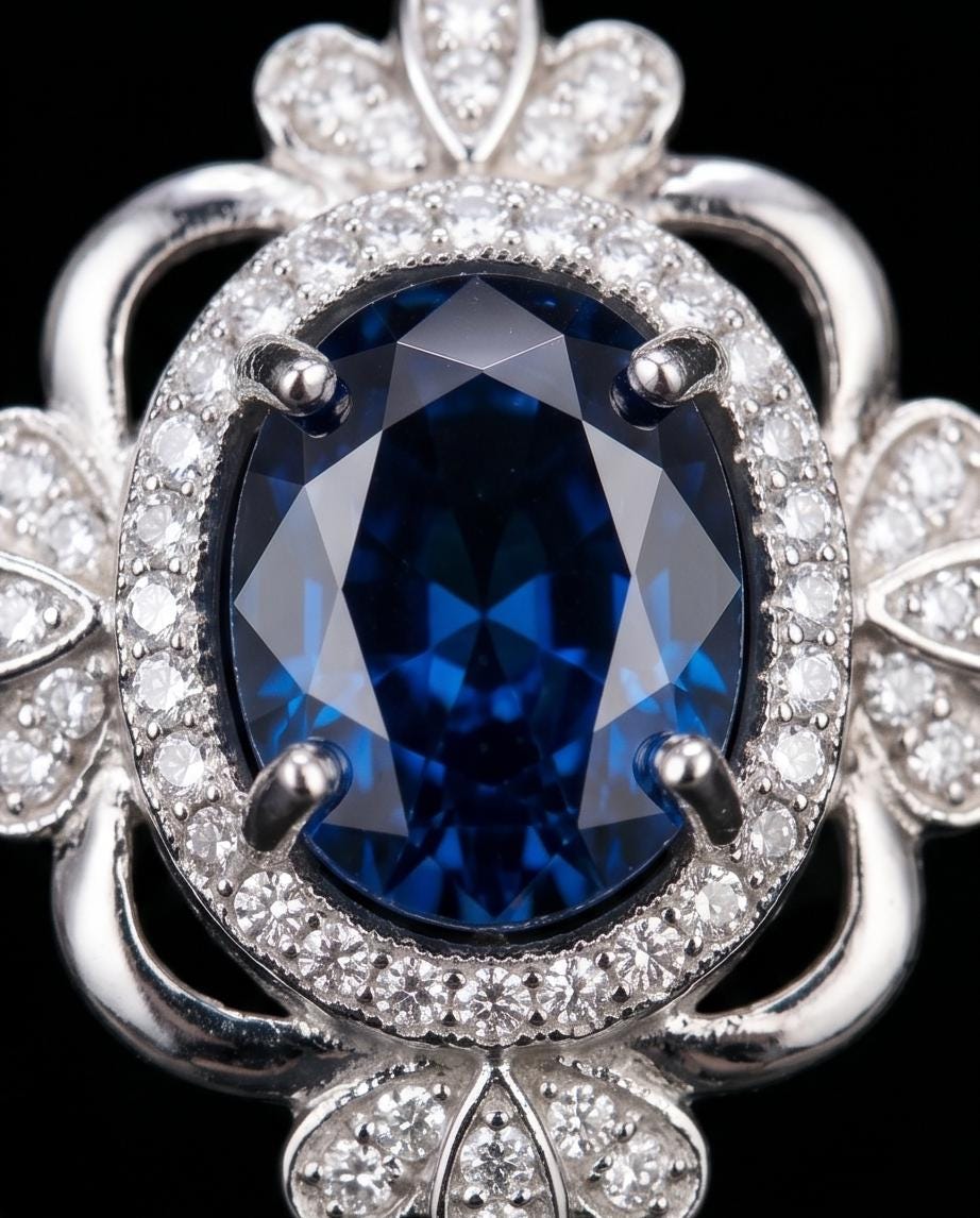 Blue Sapphire Necklace - Gemstone Flower White Gold Coated Sterling Silver 2.5 Ct September Birthstone Royal Solitaire Artist Design #648