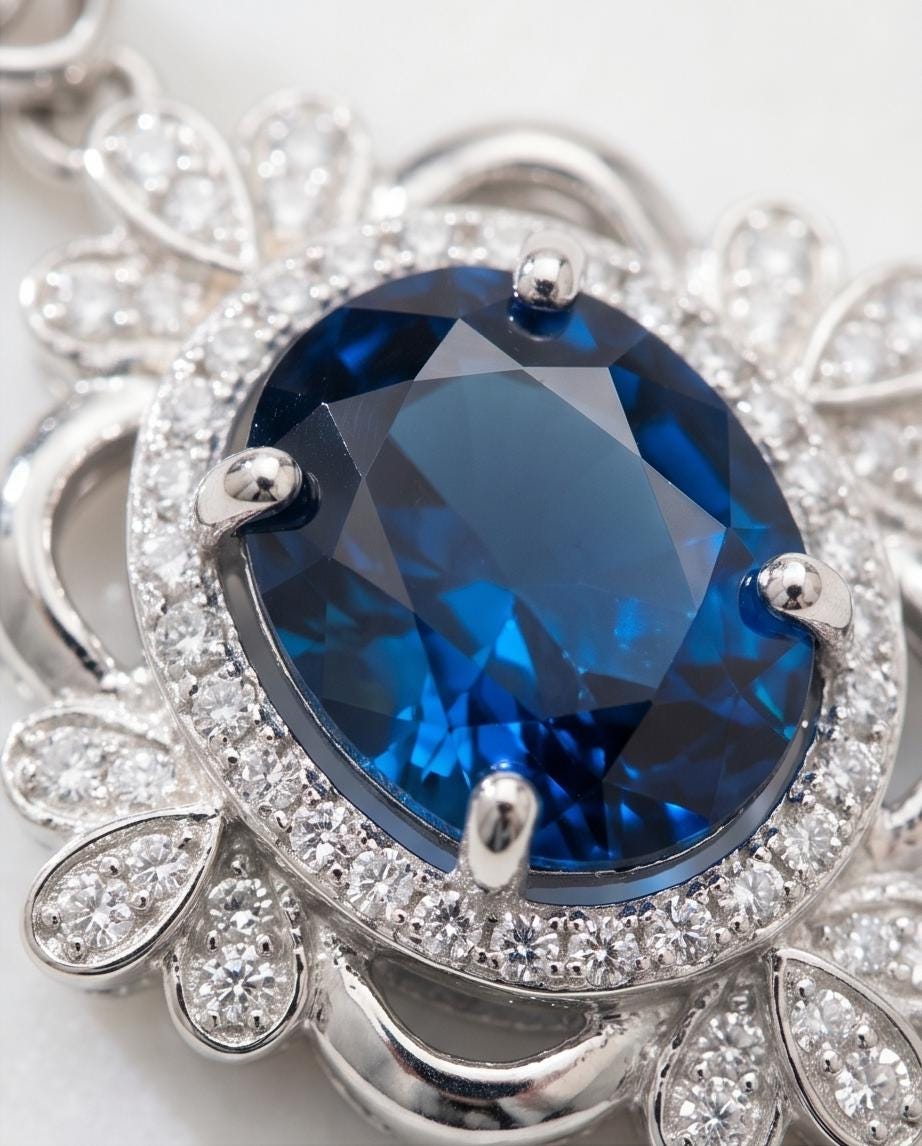 Blue Sapphire Necklace - Gemstone Flower White Gold Coated Sterling Silver 2.5 Ct September Birthstone Royal Solitaire Artist Design #648