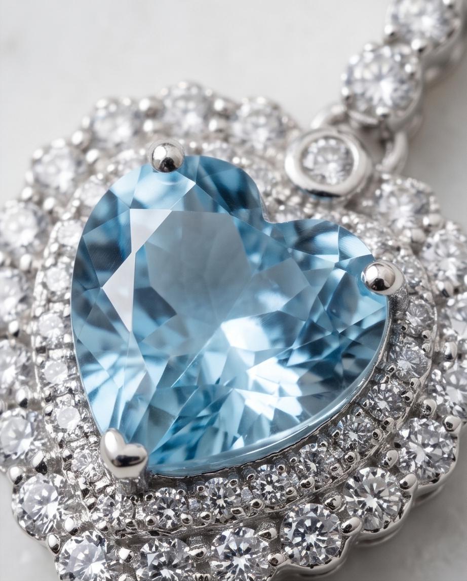 Aquamarine Heart Necklace - Sterling Silver 2 CT Blue Gemstone Gemstone Aquamarine Pendant - March Birthstone White Gold Plated #366