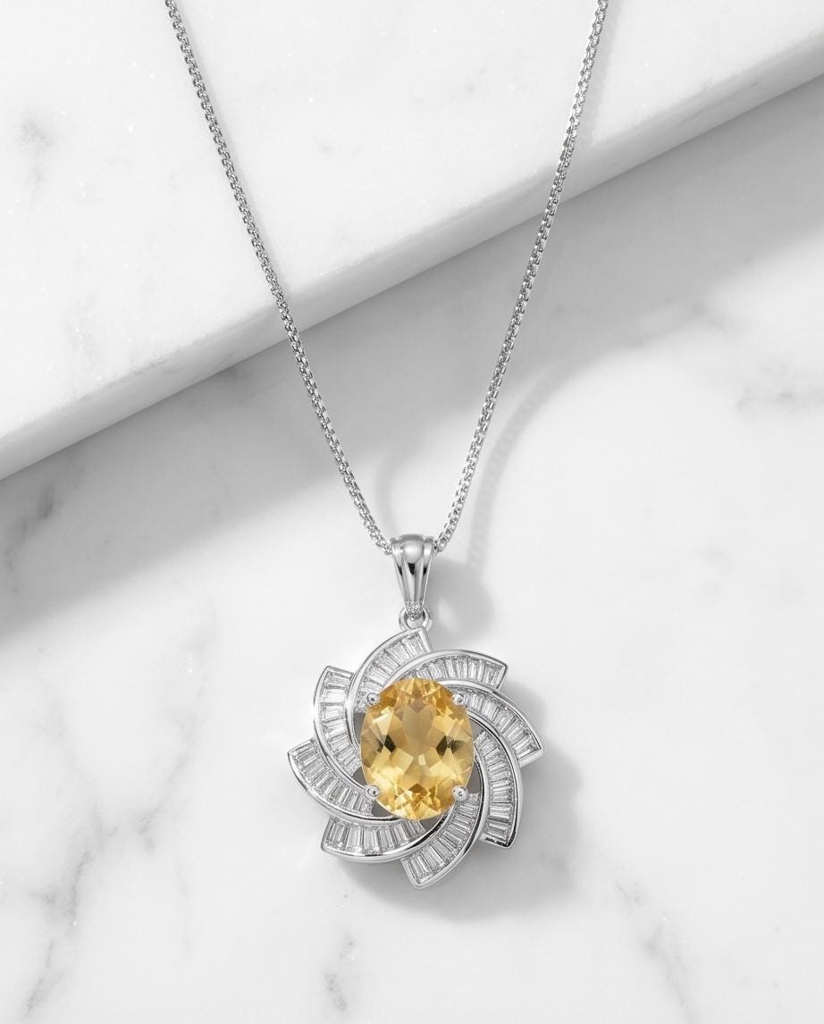 Genuine Citrine Necklace - Sterling Silver 2.8 CT Citrine Pendant - Milky Way Spiral Galaxy Energy Vortexes Windmill Jewelry #820
