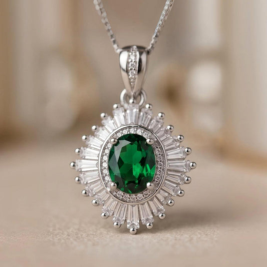 Emerald Necklace White Gold Sterling Silver Green Emerald Gemstone Pendant Double Surround Star Dainty May Birthstone #960