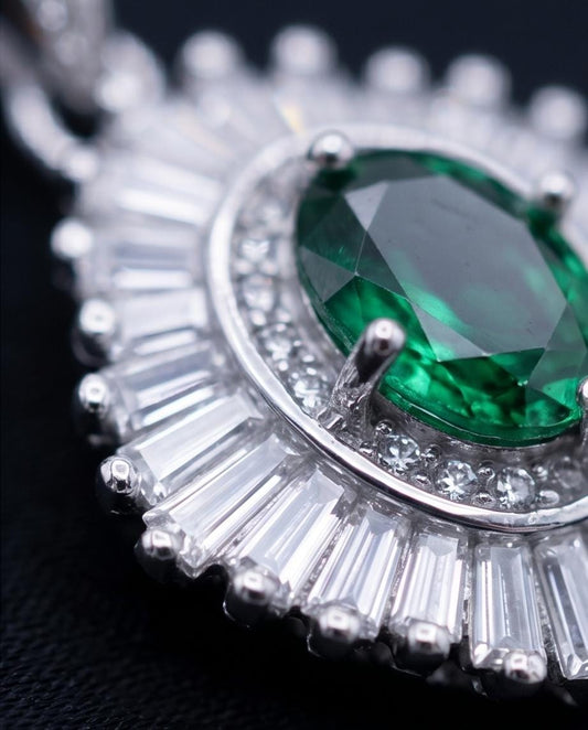 Emerald Necklace White Gold Sterling Silver Green Emerald Gemstone Pendant Double Surround Star Dainty May Birthstone #960