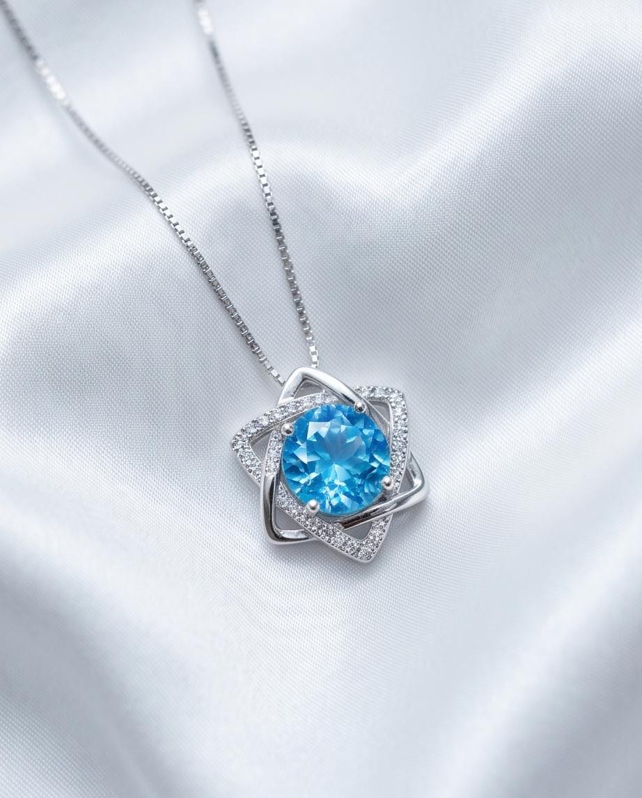 Blue Topaz Necklace - Gemstone David Star Necklace - Sterling Silver White Gold Plated Celestial Geometric Art Deco Jewelry #383