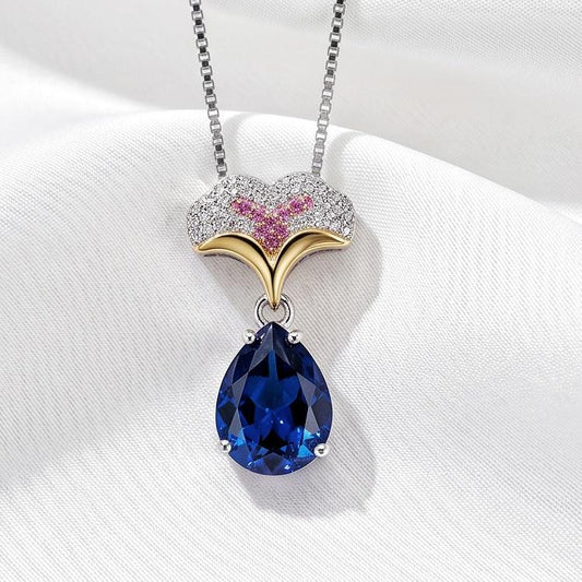 Blue Sapphire Necklace Ginkgo biloba Leaf Pendant Large 4 CT Teardrop Lab Created Blue Sapphire Pendant 18KGP Sterling Silver #818B