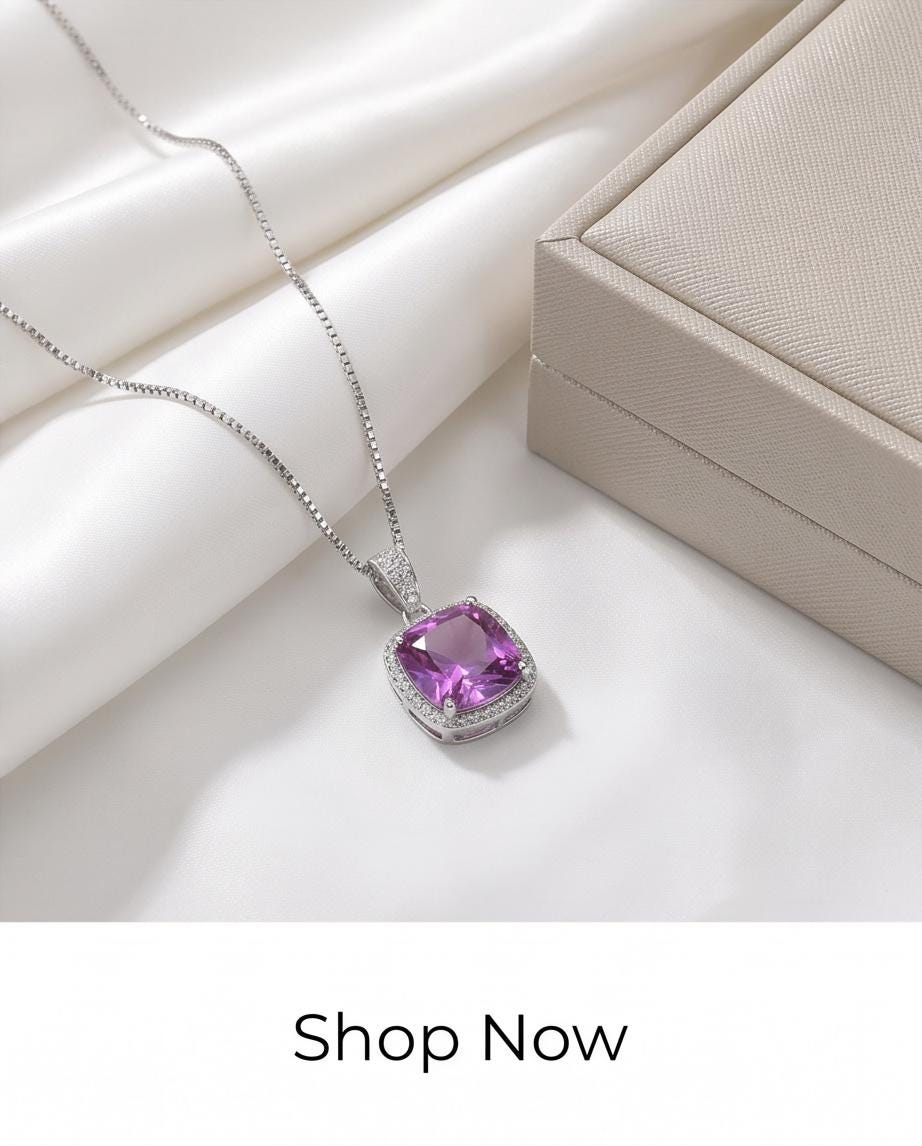 Pink Sapphire Necklace - 6CT Fuchsia Hot Pink Gemstone Pendant - Large Square Sapphire Jewelry Sterling Silver White Gold Plated #462