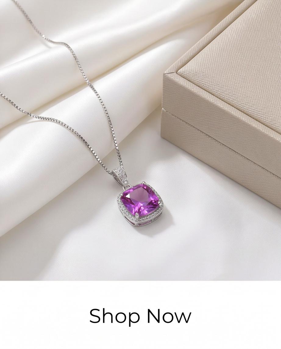 Pink Sapphire Necklace - 6CT Fuchsia Hot Pink Gemstone Pendant - Large Square Sapphire Jewelry Sterling Silver White Gold Plated #462