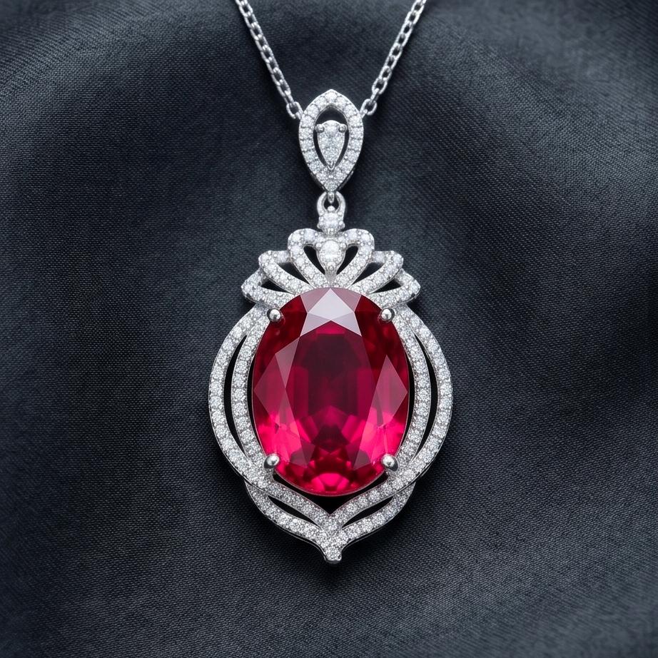Large Ruby Sterling Silver Necklace 14 ct Oval Lab Red Gemstone Pendant July Birthstone Royal Crown #913