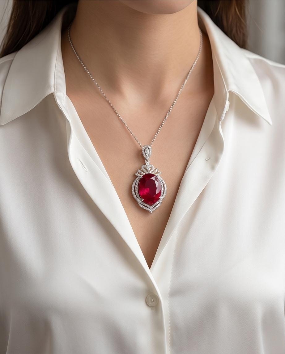 Large Ruby Sterling Silver Necklace 14 ct Oval Lab Red Gemstone Pendant July Birthstone Royal Crown #913