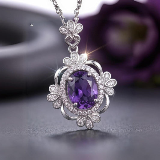 Natural Amethyst Necklace Sterling Silver - Gemstone Flower Of Life , Genuine Purple Gemstone 18KGP February Birthstone #540