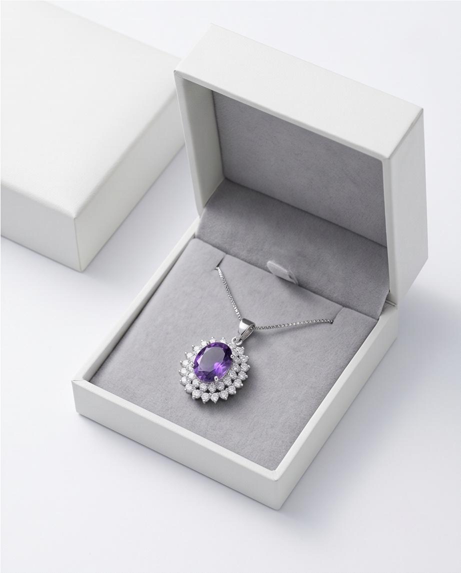 Large Genuine Amethyst Necklace - Sterling Silver Two Layer Cubic Zirconia - February Birthstone - Halo 3 CT Natural Amethyst Pendant 1116