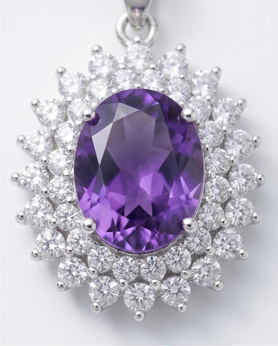 Large Genuine Amethyst Necklace - Sterling Silver Two Layer Cubic Zirconia - February Birthstone - Halo 3 CT Natural Amethyst Pendant 1116
