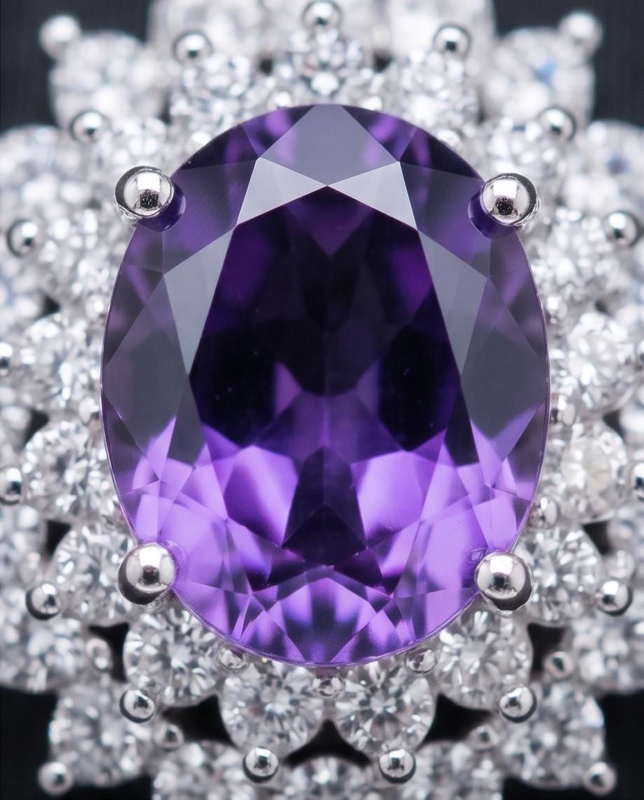 Large Genuine Amethyst Necklace - Sterling Silver Two Layer Cubic Zirconia - February Birthstone - Halo 3 CT Natural Amethyst Pendant 1116