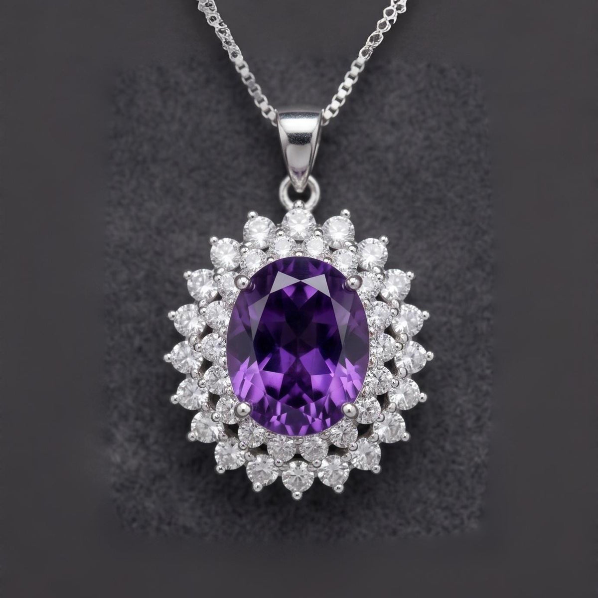 Large Genuine Amethyst Necklace - Sterling Silver Two Layer Cubic Zirconia - February Birthstone - Halo 3 CT Natural Amethyst Pendant 1116