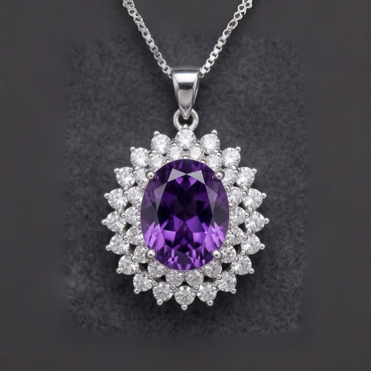 Large Genuine Amethyst Necklace - Sterling Silver Two Layer Cubic Zirconia - February Birthstone - Halo 3 CT Natural Amethyst Pendant 1116
