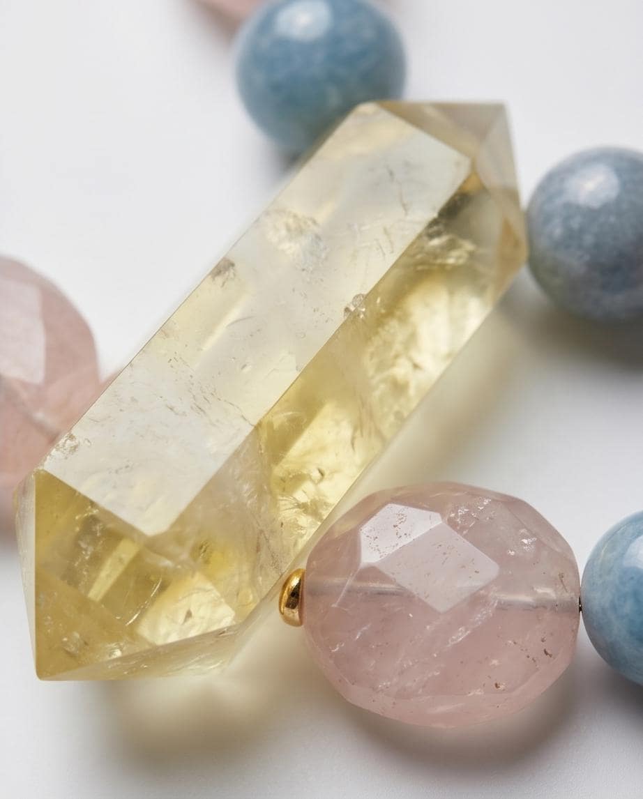 Citrine Point Necklace, Raw Gemstone Jewelry, Aquamarine and Rose Quartz Beaded Necklace, Chunky Crystal Healing Pendant, Boho Leather