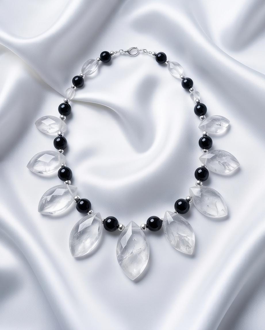 Clear Quartz Necklace, Statement Gemstone Jewelry, Natural Stone Choker, Black and White Beaded Necklace, Elegant Chunky Crystal Gift