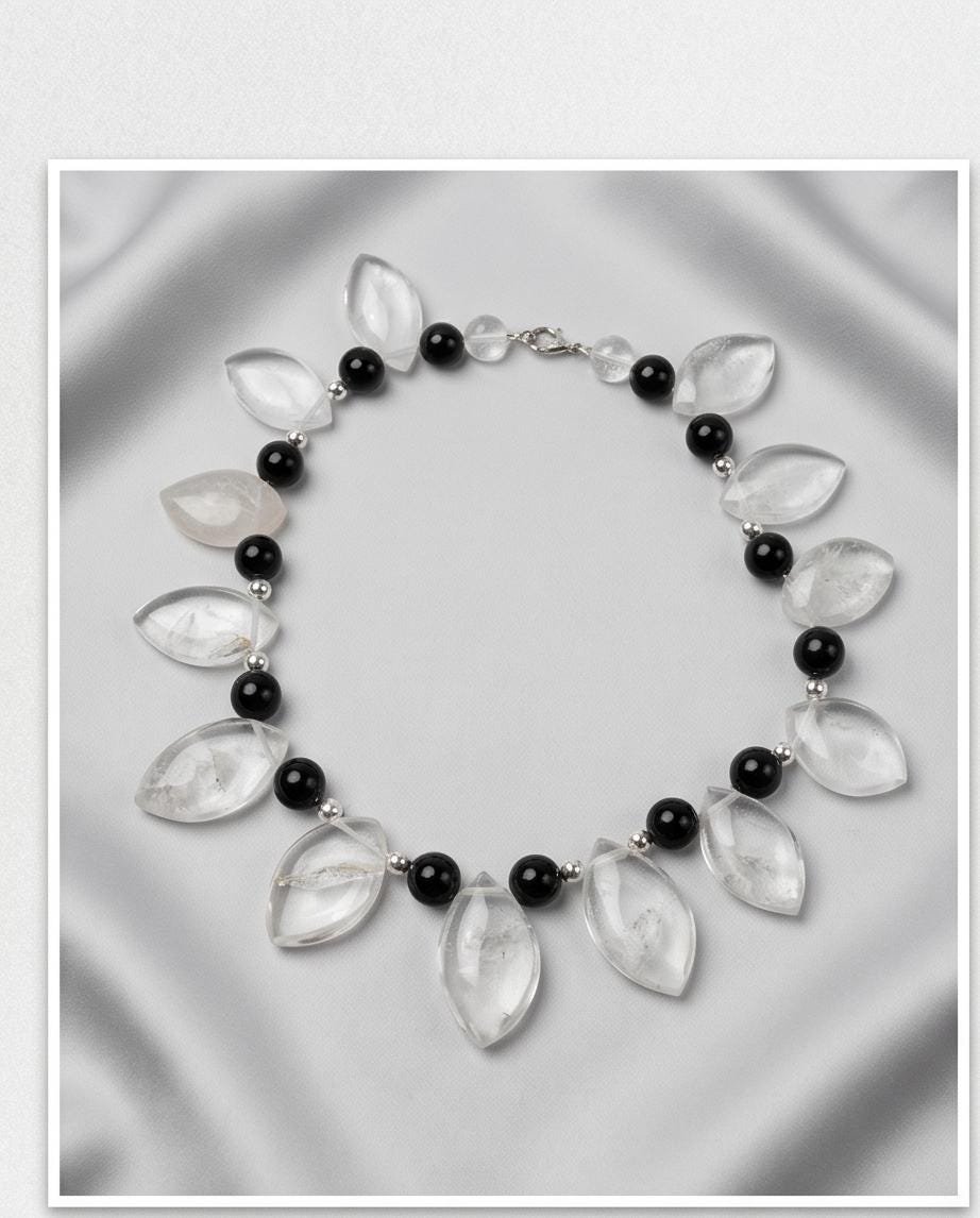 Clear Quartz Necklace, Statement Gemstone Jewelry, Natural Stone Choker, Black and White Beaded Necklace, Elegant Chunky Crystal Gift