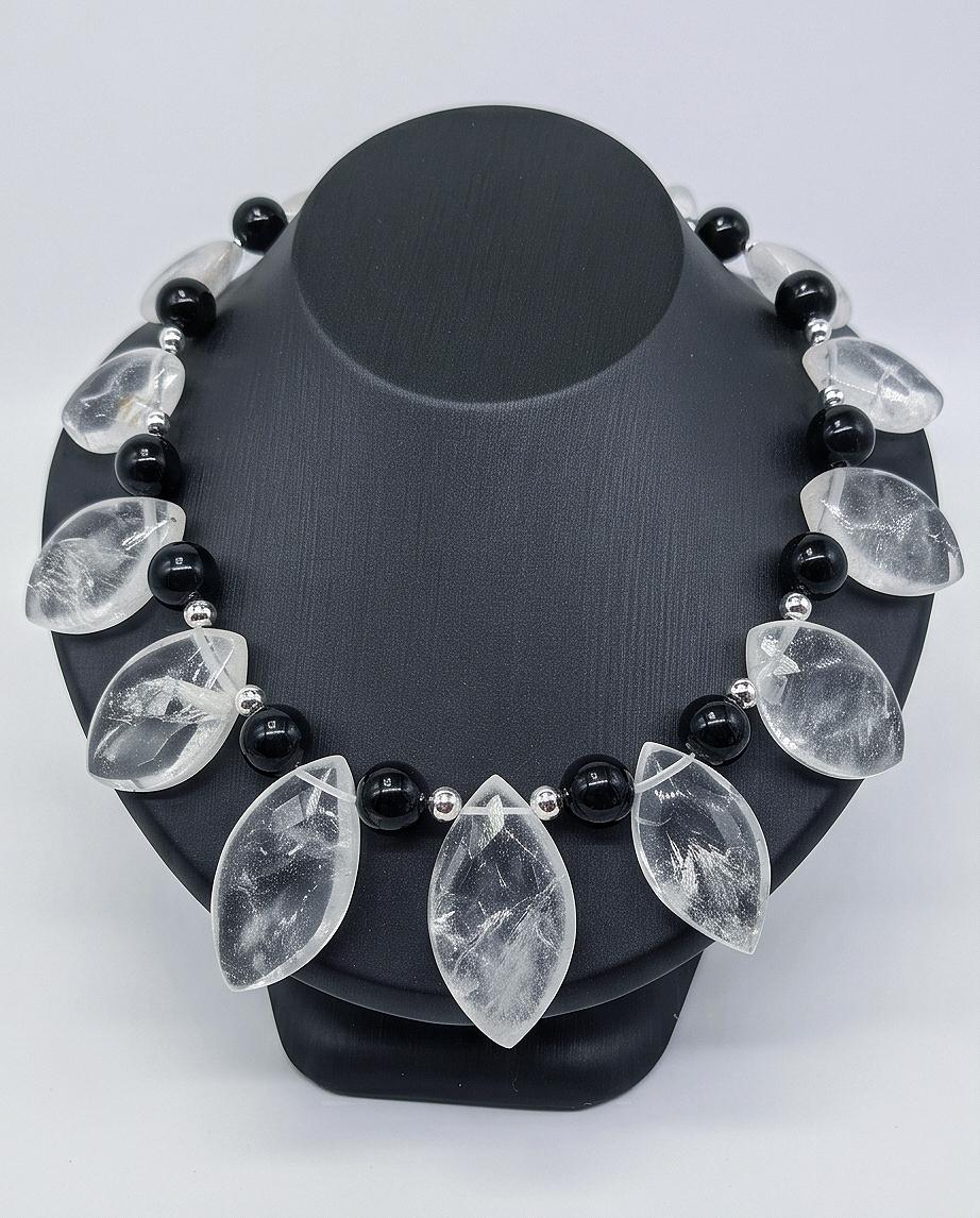 Clear Quartz Necklace, Statement Gemstone Jewelry, Natural Stone Choker, Black and White Beaded Necklace, Elegant Crystal Gift 18 inches.