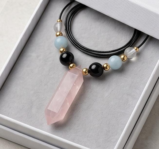 Rose Quartz Point Necklace, Obsidian Aquamarine and Clear Quartz Jewelry, Healing Crystal Pendant, Boho Gemstone Choker, Chunky Stone Gift