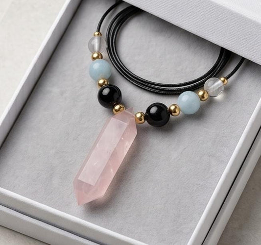 Rose Quartz Point Necklace, Obsidian Aquamarine and Clear Quartz Jewelry, Healing Crystal Pendant, Boho Gemstone Choker, Chunky Stone Gift
