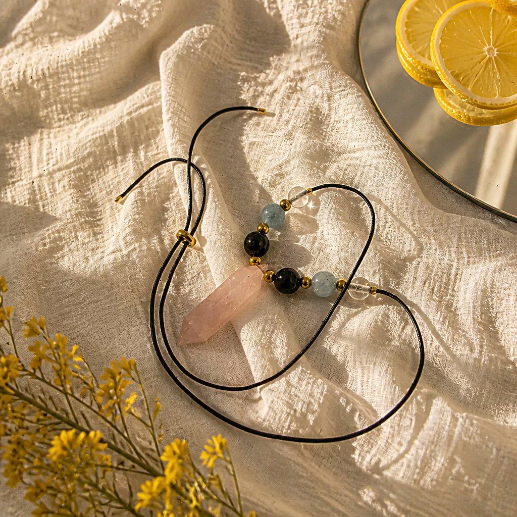Rose Quartz Point Necklace, Obsidian Aquamarine and Clear Quartz Jewelry, Healing Crystal Pendant, Boho Gemstone Choker, Chunky Stone Gift