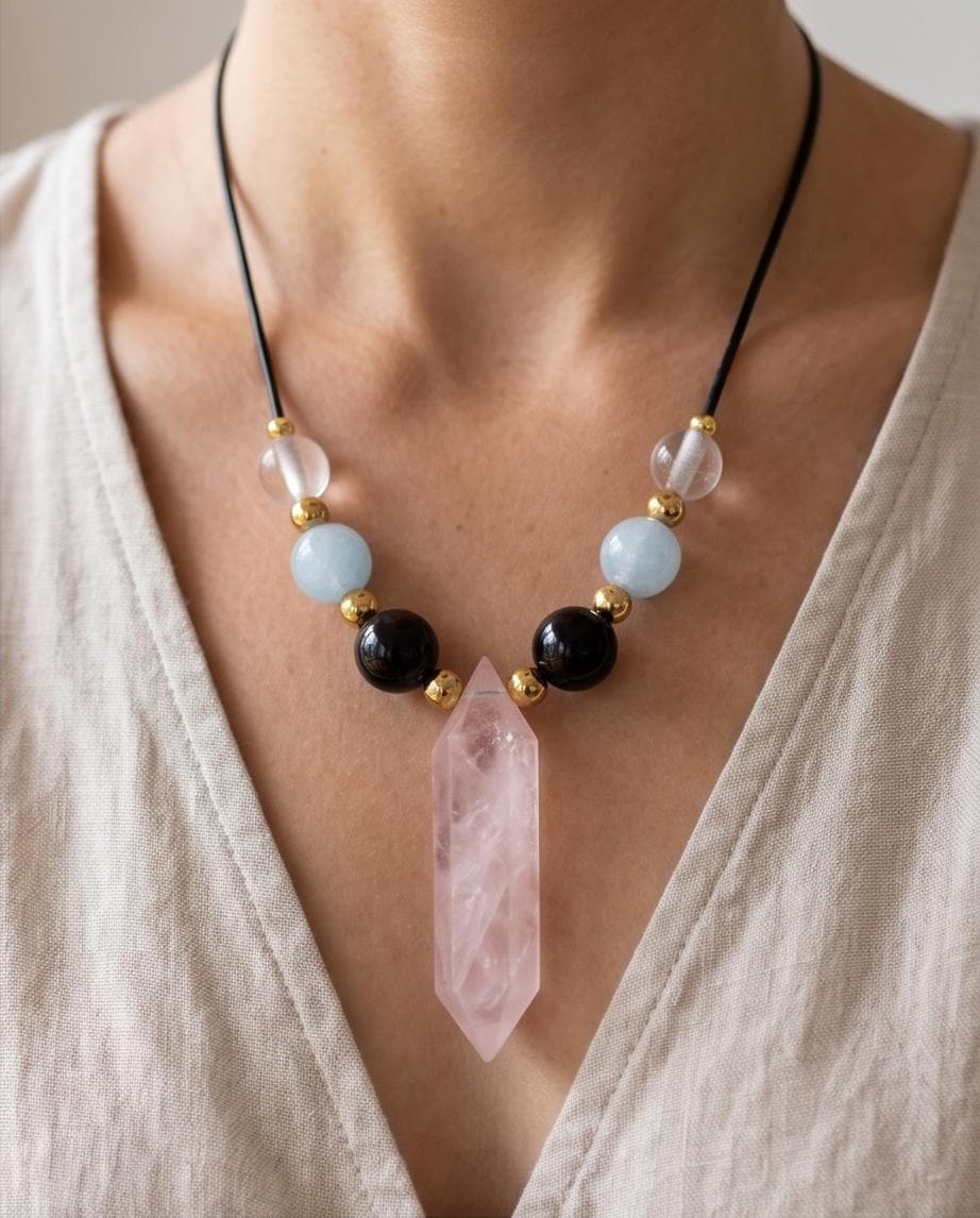 Rose Quartz Point Necklace, Obsidian Aquamarine and Clear Quartz Jewelry, Healing Crystal Pendant, Boho Gemstone Choker, Chunky Stone Gift