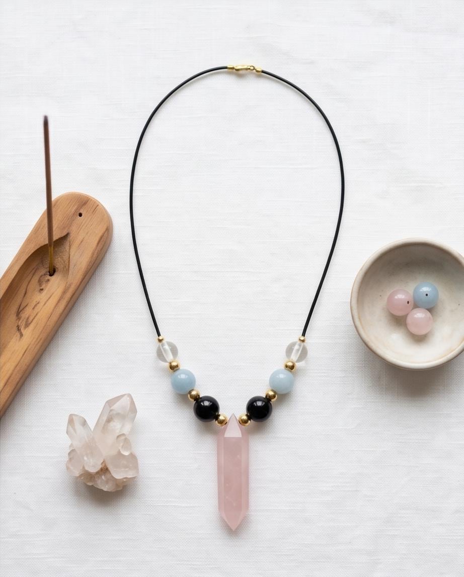 Rose Quartz Point Necklace, Obsidian Aquamarine and Clear Quartz Jewelry, Healing Crystal Pendant, Boho Gemstone Choker, Chunky Stone Gift