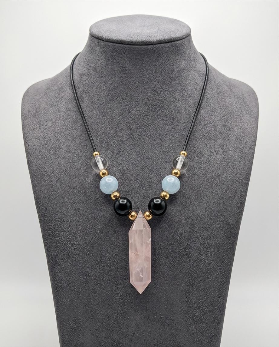 Rose Quartz Point Necklace, Obsidian Aquamarine and Clear Quartz Jewelry, Healing Crystal Pendant, Boho Gemstone Choker, Chunky Stone Gift
